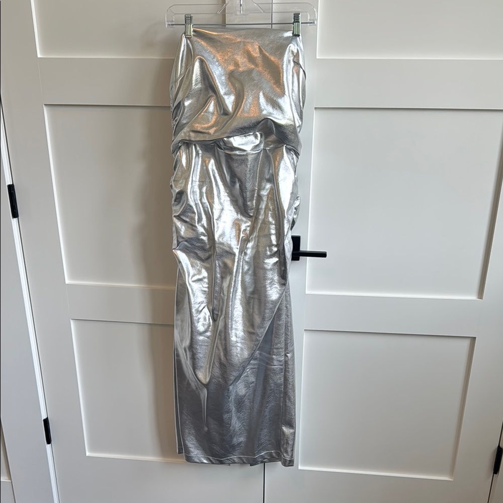 Anthropology Silver Metallic Strapless Dress